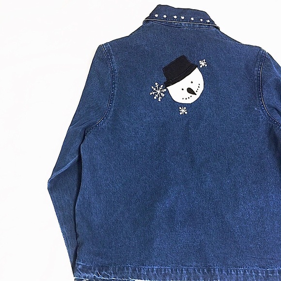 ☃️❄️Rare Winter Snowman Denim Blue Jean Jacket❄️☃️ - Picture 4 of 11